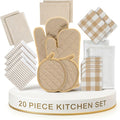 LANE LINEN 20 Piece Kitchen Linen Set - Soft Absorbent Cotton Dish Towels, Reusable Terry Dish Cloths, Flour Sack Towels for Baking, Quilted Oven Mitts & Pot Holders for Everyday Cooking - Beige