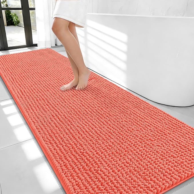OLANLY Thick Bathroom Runner Rugs 70x24, Extra Soft Absorbent Chenille Bath Rugs, Rubber Backing, Machine Wash Dry, Long Bath Mats for Bathroom Floor, Tub and Shower, Home Decor Accessories, Coral