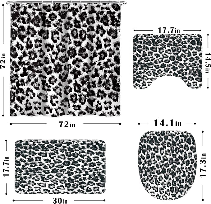4 PCS Black Leopard Print Shower Curtain Set 72Wx72H,Toilet Lid Cover,Non-Slip Rugs and U-Shaped Mat,Wild Cheetah Bathroom Sets with Rugs Shower Accessories 12 Hooks for Bathroom Decor