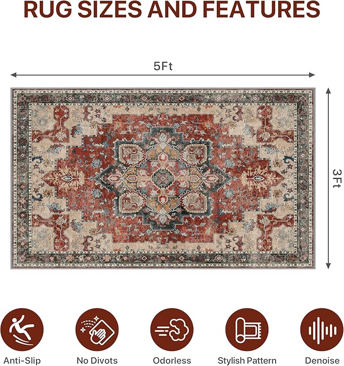 36"x60" Office Chair Mat for Hardwood Tile Floor, Under Desk Carpet Protector for Rolling Computer Chair Mat, Machine Washable Area Rug, Anti-Slip 1/5" Thick Low Pile Thin Vinyl Floor Mat, Annatto