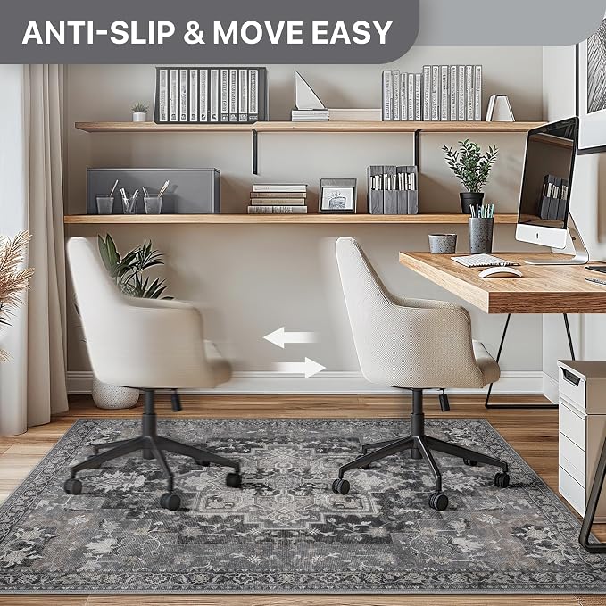 48"x48" Office Chair Mat for Hardwood Tile Floor, Under Desk Carpet Protector for Rolling Computer Chair Mat, Machine Washable Round Area Rug, Anti-Slip 1/5" Thick Low Pile Thin Floor Mat, Black