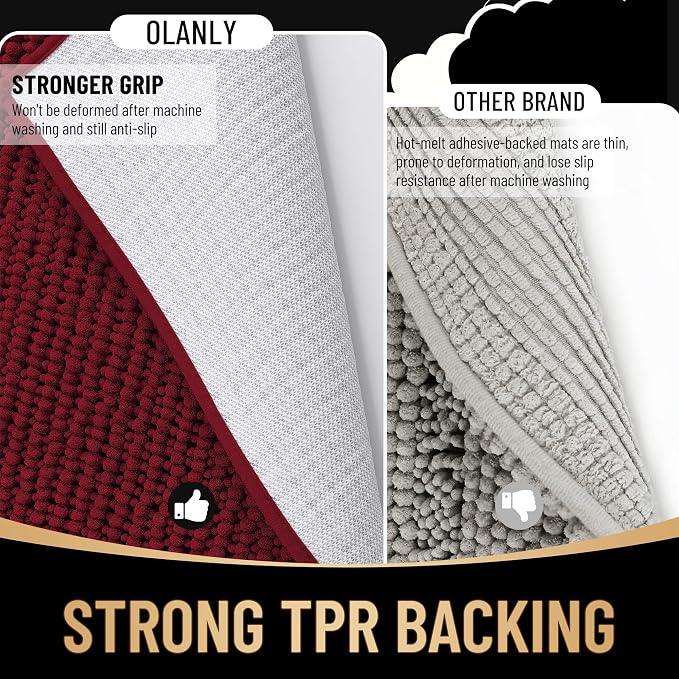 OLANLY Thick Bathroom Runner Rugs 47x17, Extra Soft Absorbent Chenille Bath Rugs, Rubber Backing, Machine Wash Dry, Long Bath Mats for Bathroom Floor, Tub and Shower, Home Decor Accessories, Burgundy