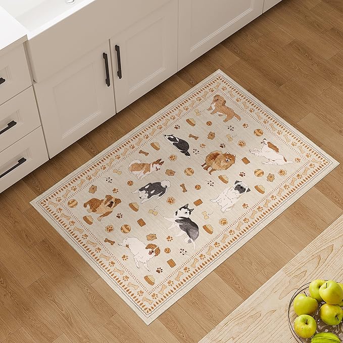 DUKINO 2x3 Entryway Rug, Washable Small Door Mat Indoor Entance Lightweight Area Rug with Non Slip, Low Pile & Non Shedding Animal Dog Carpet for Kitchen, Bathroom, Bedroom, Kids Room, Beige Yellow