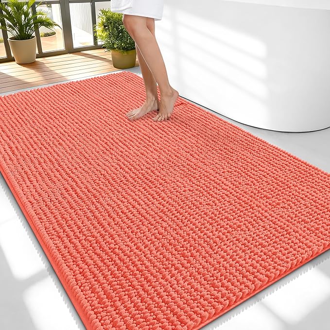 OLANLY Thick Large Bathroom Rugs 59x35, Extra Soft Absorbent Chenille Bath Rugs, Rubber Backing, Machine Wash Dry, Bath Mats for Bathroom Floor, Tub and Shower, Home Decor Accessories, Coral