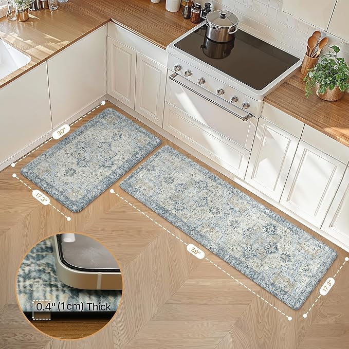 GENIMO Kitchen Mats for Floor 2PCs, Washable Anti Fatigue Mat for Cushioned, 17.3"x59"+17.3"x30", Waterproof Kitchen Rugs, Non Slip Foam Standing Mat Rug for Home, Sink, Office, Laundry, Light Blue