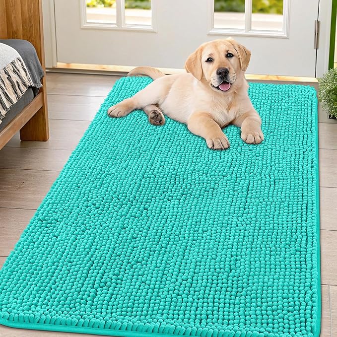 Smiry Dog Door Mat for Muddy Paws 44x32, Absorbent Dirt Trapper, Non-Slip Washable Chenille Entryway Rug for Inside Floor, Teal, Classic Solid
