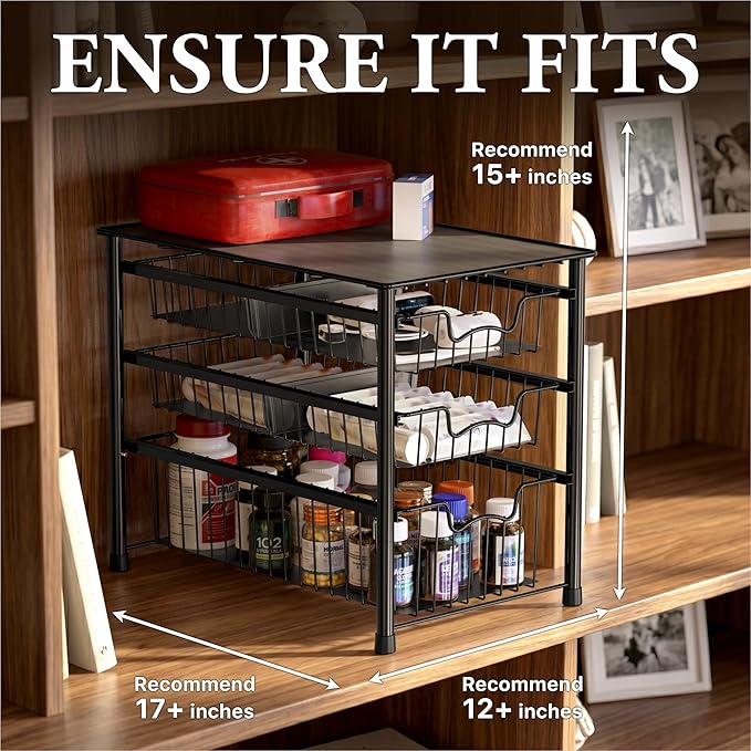 Simple Houseware Stackable 3 Tier Sliding Basket Organizer Drawer, Black