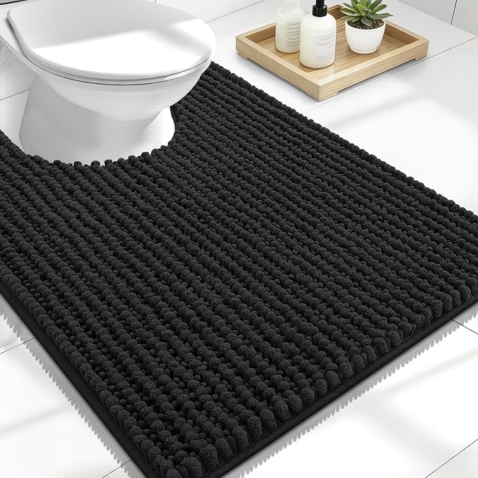 OLANLY Thick Toilet Rugs U-Shaped 24x20, Extra Soft Absorbent Shaggy Chenille Contour Bathroom Rugs for Toilet, Dry Quickly, Machine Washable, Non-Slip Bath Mat, Black
