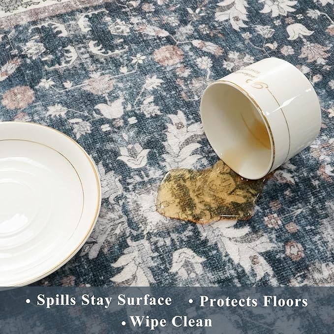 Washable Hallway Runner Rug 2x10: Non Slip Vintage Boho Carpet with Rubber Backing for Kitchen Entryway Hall Holiday Farmhouse Neutral Cream Long Runners (Blue,2'x10')