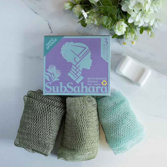 SubSahara Authentic African Net Sponge - 3 Pack Exfoliating Bath & Shower Loofah Sponge for Body & Face, Gentle Scrubber for All Skin Types, Travel, Durable