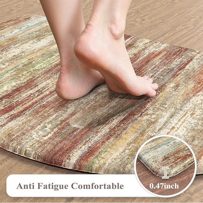 KIMODE Anti Fatigue Kitchen Mats for Floor 18"x28" Half Circle Cushioned Kitchen Floor Mats, Red Brown Abstract Kitchen Rug, Comfort Ergonomic Standing Desk Mat for Sink Laundry Office