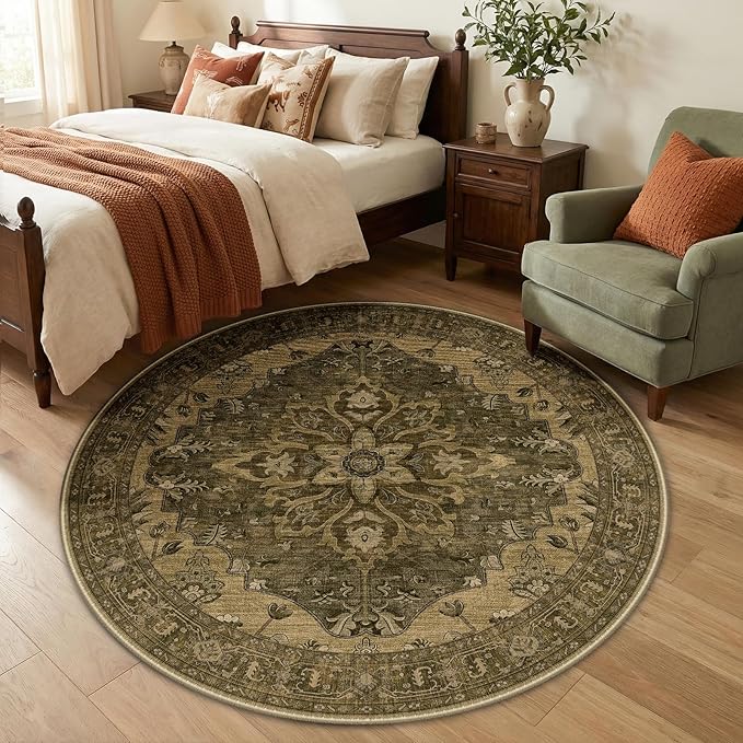 RELEANY Area Rugs Round 5ft Washable Non-Slip, Floral Vintage Distress Medallion Carpet for Living Room Bedroom Dining Room, Brown Dark Brown