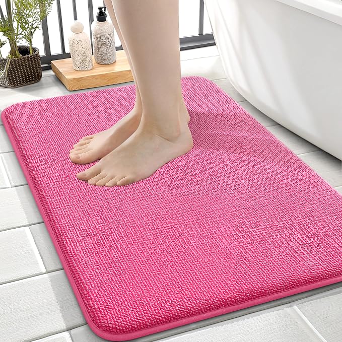 OLANLY Thick Memory Foam Small Bathroom Rugs 24x16, Extra Soft Absorbent Bath Rug, Quick Dry Bath Mats, Non-Slip, Machine Washable Carpet for Bathroom, Tub and Shower, Home Decor Accessories, Hot Pink