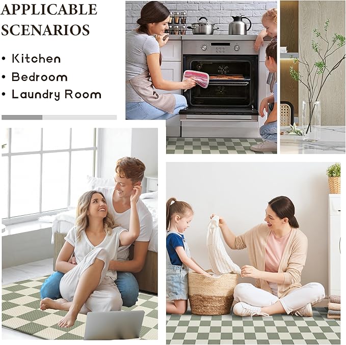 Beige Sage Checkered Grid Checkerboard Kitchen Rug Sets [1 PC], Anti-Fatigue, Waterproof Non-Slip Kitchen Mats Heavy Duty Comfort Foam Rug for Kitchen, Floor, Laundry,17" x59“