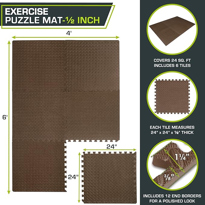 ProsourceFit Exercise Puzzle Mat ½-inch, EVA Interlocking Foam Floor Tiles for Home Gym, Workout Equipment, Kids Play Areas, Blue, 144 SQ FT - 36 Tiles