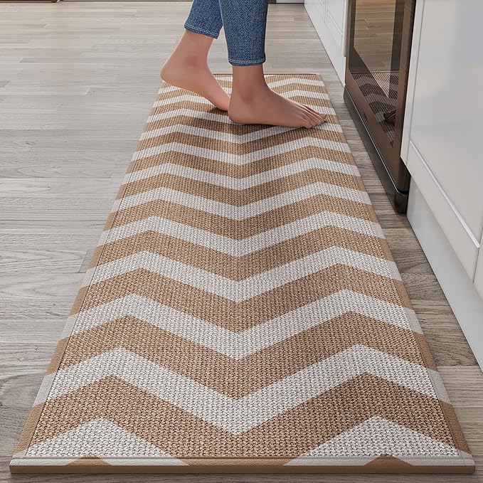 YDKGL Kitchen Runner Rugs Non Slip Washable, Super Absorbent Long Kitchen Mats for Floor, Linen-Look Woven Sink Mat Standing Floor Mat, Easy Clean, Brown 17"x59"