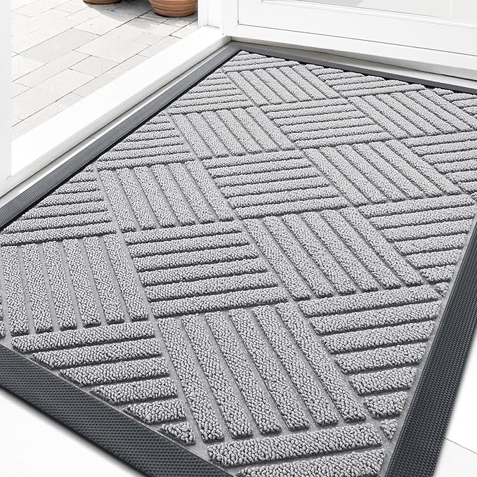 OLANLY Front Door Mat Outside Entrance 29.5x17, Absorbent, Heavy Duty Sturdy Natural Rubber Doormat Indoor Outdoor, Stain Fade Resistant, Non-Slip Low Profile Floor Mat Entryway, Light Gray Diamond