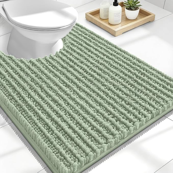 OLANLY Toilet Rugs U Shaped 24x20, Thick Soft and Absorbent Chenille Contour Bath Mat, Non-Slip Rubber Backing, Machine Washable Quick Dry Toilet Mat, Home Decor Accessories, Sage Green
