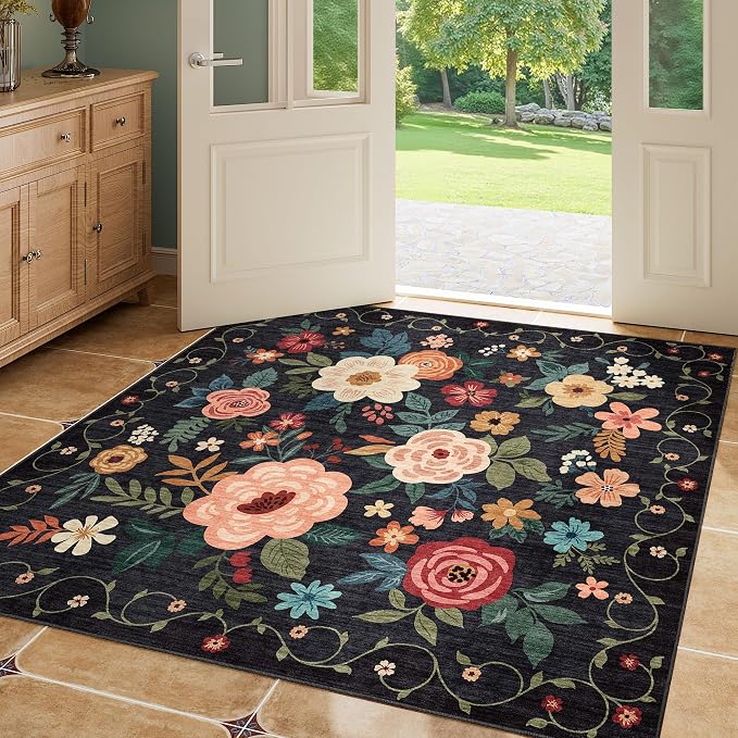 DUKINO 4x4 Square Area Rug, Floral Indoor Floor Washable Entryway Rug with Low Pile Design, Boho Non Slip Thin Doormat Carpet for Kitchen, Bedroom, Living Room, Office, Kids Playroom, Black