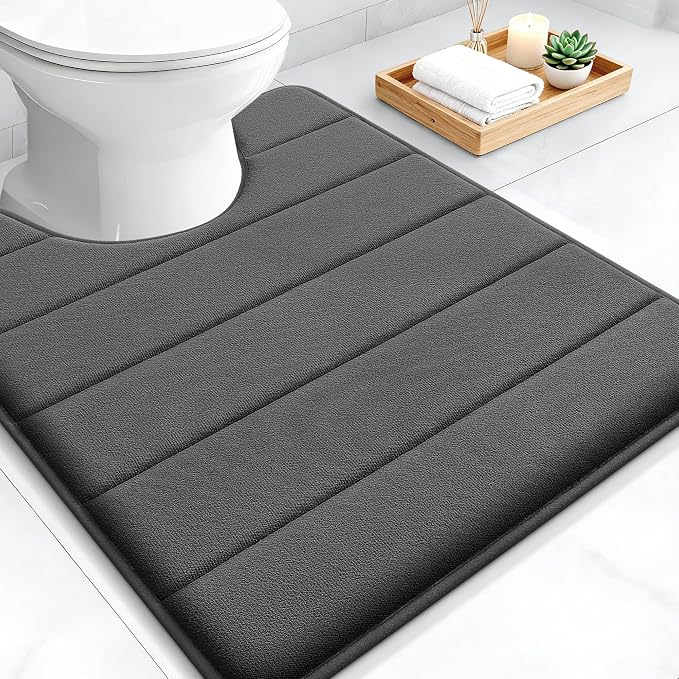OLANLY Memory Foam Toilet Rugs U Shaped 24x20, Super Soft Absorbent Contour Bath Rugs, Quick Dry, Machine Washable Toilet Mat, Bathmat Floor Carpet, Bathroom Home Decor Accessories, Black