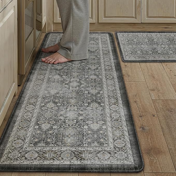 PureCozy Kitchen Mats 2PCS Anti Fatigue Cushioned Mat Black Vintage Kitchen Mats for Floor Waterproof Non Slip Comfort Standing Distressed Rug for Sink Laundry Office 17.3"x47"+17.3"x30"