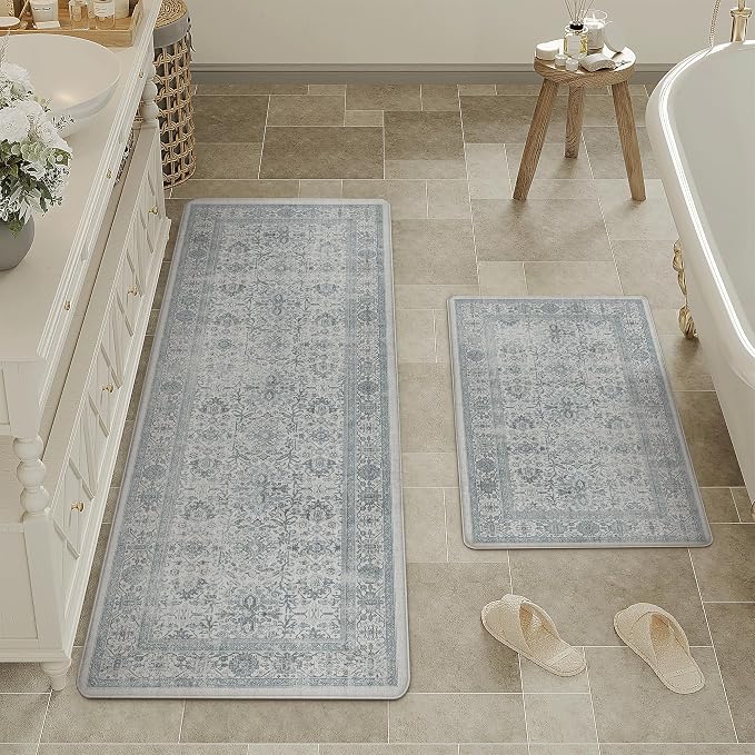 PureCozy Kitchen Mats 2PCS Anti Fatigue Cushioned Mat Blue Vintage Kitchen Mats for Floor Waterproof Non Slip Comfort Standing Distressed Rug for Sink Laundry Office 17.3"x47"+17.3"x30"