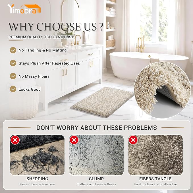 Yimobra Luxury Bathroom Rugs, Fluffy Bath Mats, Non Slip, Water Absorbent Microfiber, Machine Washable, Plush Runner Shower Rugs, Thick Matts for Bathroom Floor/Tub, 60" X 24", Light Beige and White