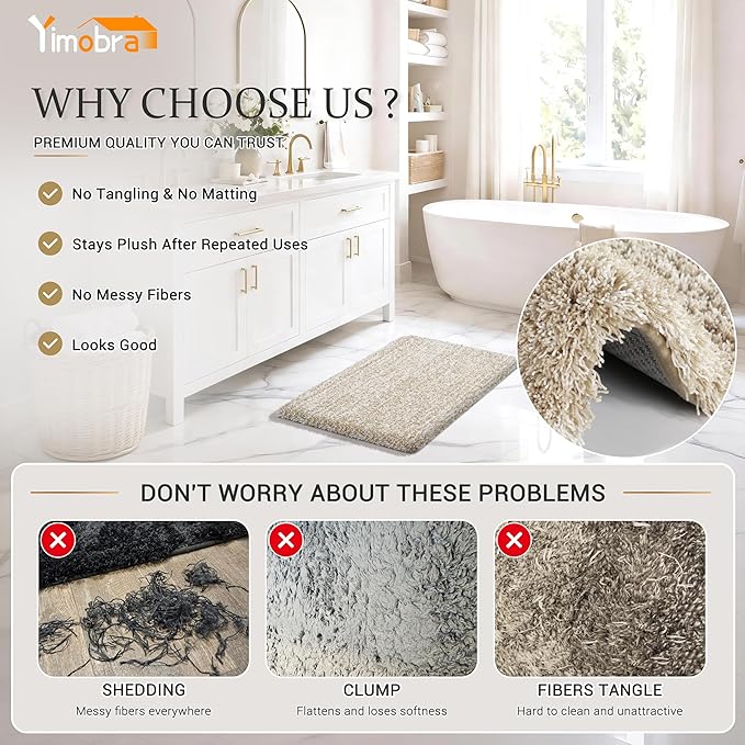 Yimobra Bathroom Rugs Non Slip Washable, Ultra Soft and Water Absorbent Bath Mats, Plush Fluffy Shower Mat Outside, Microfiber Thick Matts for Bathroom Floor/Sink, 24X17, Light Beige and White