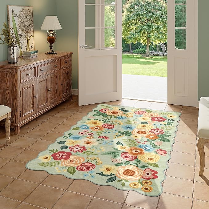 DUKINO 3x5 Area Rug, Floral Non-Slip Indoor Washable Rug with Low Pile & Non-Shedding, Lightwight Boho Design Carpet for Entryway, Bedroom, Kids Room, Living Room, Kitchen, Green