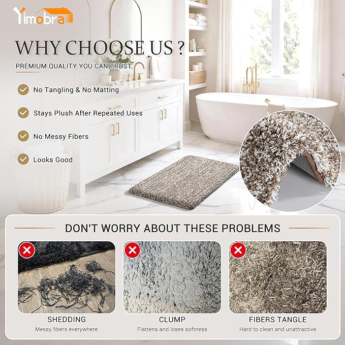 Yimobra Fluffy Plush Bath Rug, Shaggy Soft Comfortable Non Slip, Water Absorbent Microfiber Bath Mat, Dry Quick, Machine Washable Thick Bathroom Floor Rugs for Shower, 44" X 24", Light Brown and White