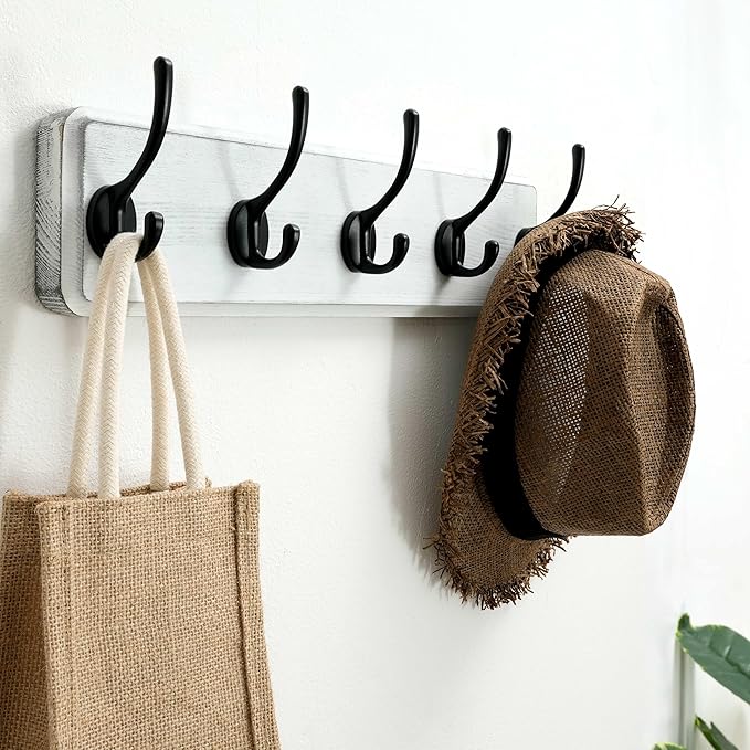 SKOLOO Rustic Wall Mounted Coat Rack, Pine Solid Wood Coat Hook Hanger - 5 Hooks for Hanging Clothes Robes Towels Coats