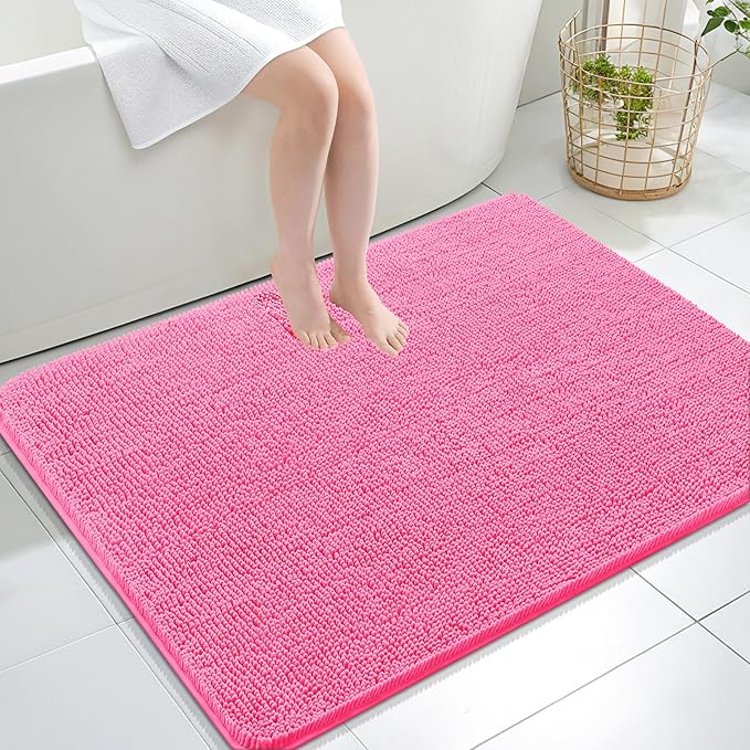 OLANLY Large Bathroom Rugs 40x32, Extra Soft Absorbent Chenille Bath Rugs, Rubber Backing Quick Dry, Machine Washable Bath Mats for Bathroom Floor, Tub and Shower, Home Decor Accessories, Hot Pink