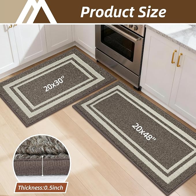 COSY HOMEER Kitchen Rugs Non-Slip 20x30/20x48 Inch Thick Polypropylene Standing Mat for Home Machine Washable, Brown Frame
