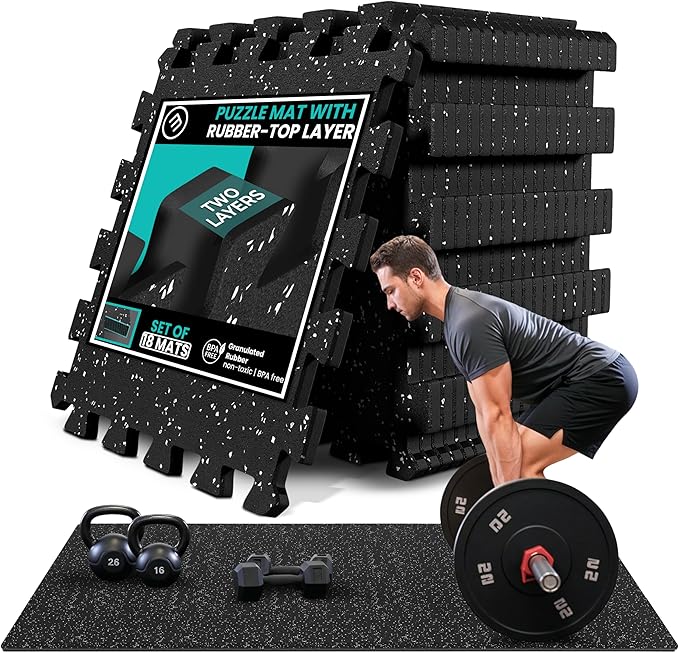 bemaxx Gym Mats Set - 18 pcs EVA Interlocking Foam Floor Tiles (12.6"x12.6"x0.4") 18sqft Protective Gym Flooring Sports Home Workout Exercise Mats Puzzle Garage Fitness Play-Room Pool Treadmill Bike