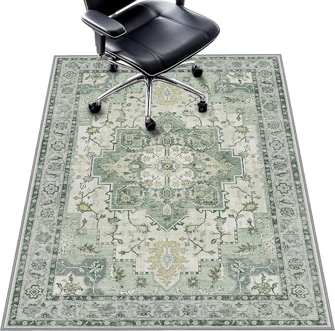 36"x60" Office Chair Mat for Hardwood Tile Floor, Under Desk Carpet Protector for Rolling Computer Chair Mat, Machine Washable Area Rug, Anti-Slip 1/5" Thick Low Pile Thin Vinyl Floor Mat, Green