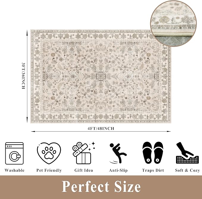 3x4 Entryway Rug Washable Non-Slip–Boho Floral Stain-Resistant Small Area Rug for Kitchen Bedroom Bathroom – Soft Low-Pile Thin Indoor Door Mat (Beige,3x4)