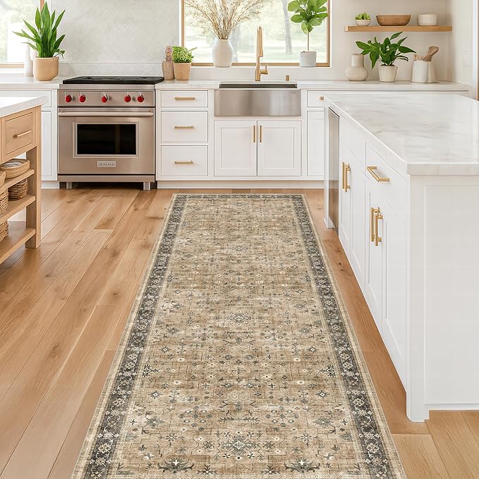 Distressed Taupe Washable Long Runners for Hallways, 2'6"x8' Wide Kitchen Runner Rug, Bohemian Traditional Entryway Indoor Rug, Distressed Floral Geometric Design, Non-Slip Stain & Fade Resistant