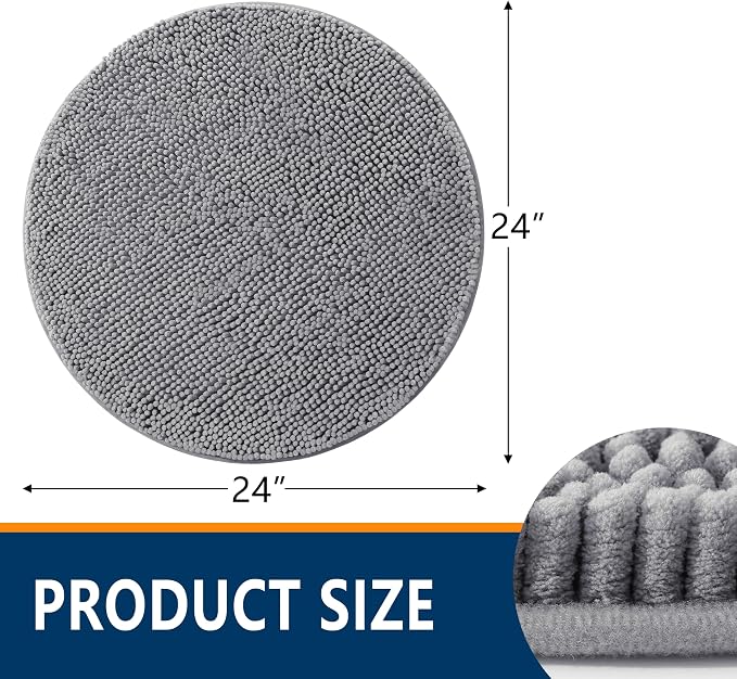 Smiry Luxury Chenille Round 24x24, Extra Soft and Absorbent Shaggy Bathroom Mat Rugs, Machine Washable, Non-Slip Plush Carpet for Tub, Shower, and Bath Room, Grey