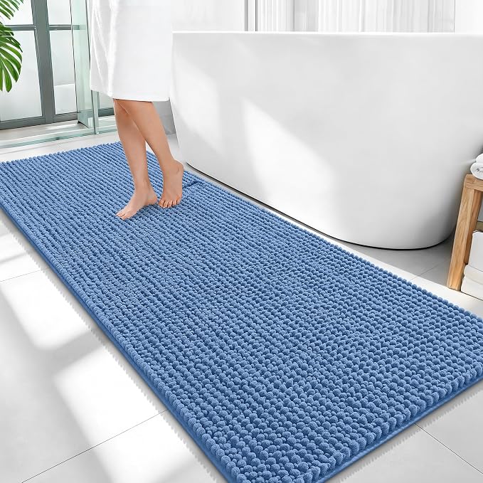 OLANLY Thick Bathroom Runner Rugs 59x24, Extra Soft Absorbent Chenille Bath Rugs, Rubber Backing, Machine Wash, Long Bath Mats for Bathroom, Tub and Shower, Home Decor Accessories, Cornflower Blue