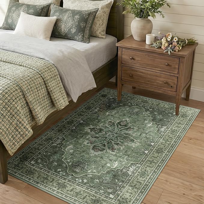 RELEANY Area Rugs 3'x5' Washable Non-Slip, Floral Vintage Distress Medallion Carpet for Living Room Bedroom Dining Room, Dark Green Gray