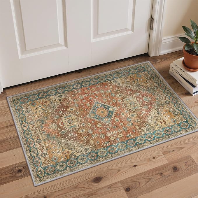 GENIMO Kitchen Rugs Non Slip Washable, 2PCS Kitchen Mats for Floor, Cushioned Standing Mat, Kitchen Runner Rug Floor Mat for Kitchen Decor, Laundry, Sink, Entryway, Home, 20"x32"+20"x59", Retrobrick