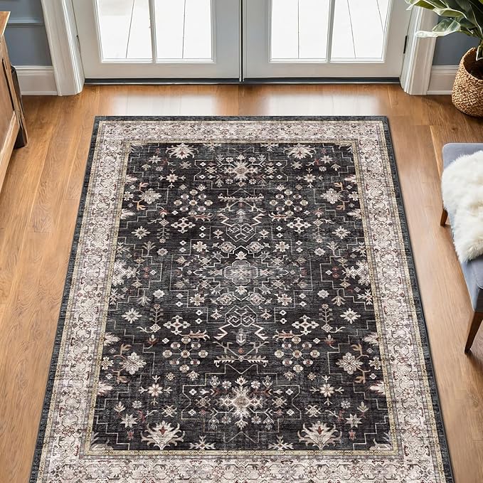 Black Boho Washable Entry Rug, 3x4 Rugs for Entryway Kitchen Bathroom Door Mat Indoor Entrance, Non Slip Rubber Backing, Stain & Fade Resistant, Ashen Charcoal Floral Design