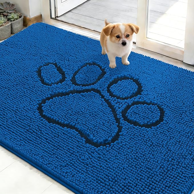 OLANLY Dog Door Mat for Muddy Paws 48x30, Paw Print Design, Absorbs Moisture and Dirt, Non-Slip Washable Doormat, Quick Dry Chenille Mud Mat for Dogs, Entry Indoor Entryway Carpet, Deep Navy Blue