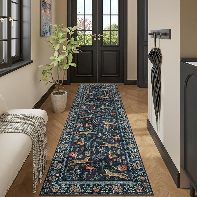 DUKINO Washable 2.6x10 Runner Rug, Non Slip Animal Print Runner Rug for Hallway, Vintage Low Pile & Stain Resistant Soft Indoor Carpet Runner for Kitchen, Bathroom, Laundry, Bedroom, Navy Blue