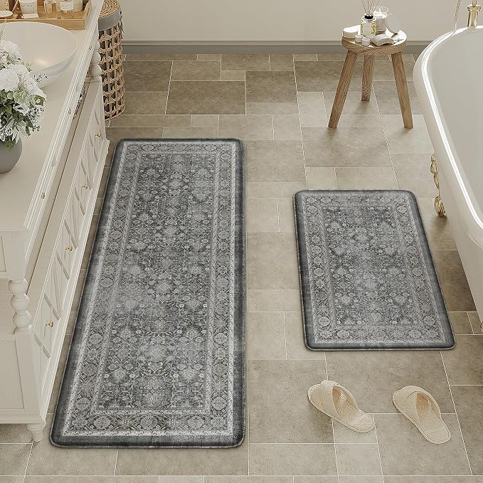 PureCozy Kitchen Mats 2PCS Anti Fatigue Cushioned Mat Black Vintage Kitchen Mats for Floor Waterproof Non Slip Comfort Standing Distressed Rug for Sink Laundry Office 17.3"x47"+17.3"x30"