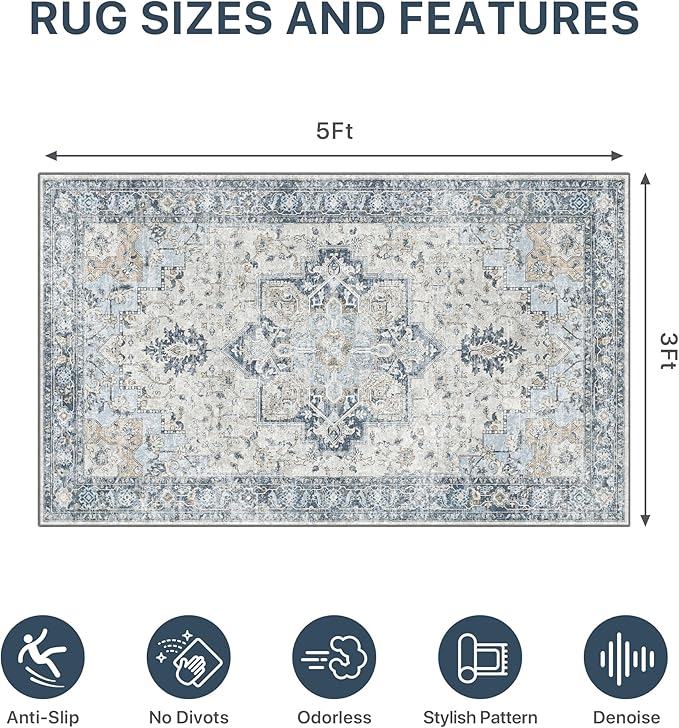 36"x60" Office Chair Mat for Hardwood Tile Floor, Under Desk Carpet Protector for Rolling Computer Chair Mat, Machine Washable Area Rug, Anti-Slip 1/5" Thick Low Pile Thin Vinyl Floor Mat, Blue