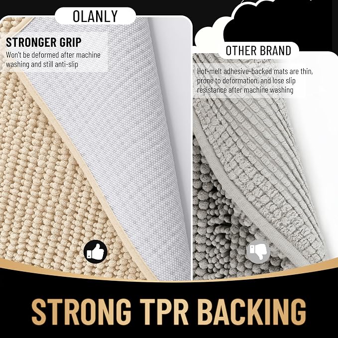 OLANLY Thick Large Bathroom Rugs 44x32, Extra Soft Absorbent Chenille Bath Rugs, Rubber Backing, Machine Wash Dry, Bath Mats for Bathroom Floor, Tub and Shower, Home Decor Accessories, Beige