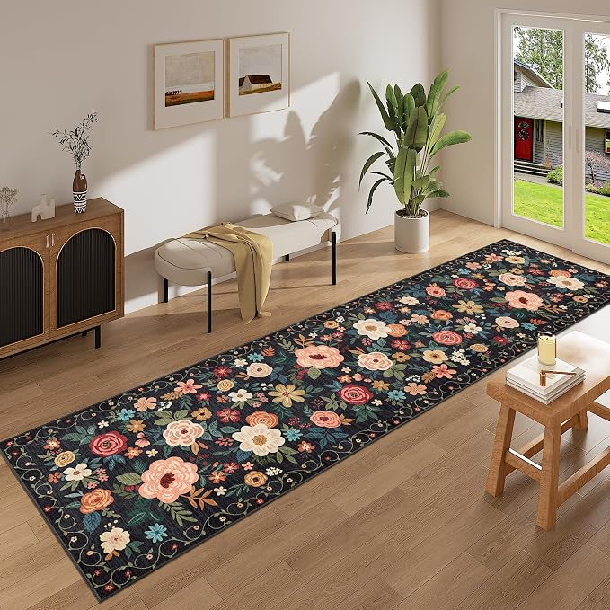 DUKINO Runner Rug for Hallway, 2.6x10 Washable Floral Long Kitchen Rug with Non Slip Backing, Boho Lightweight & Stain Resistant Soft Runners for Indoor Entrance, Laundry, Living Room, Bedroom, Black