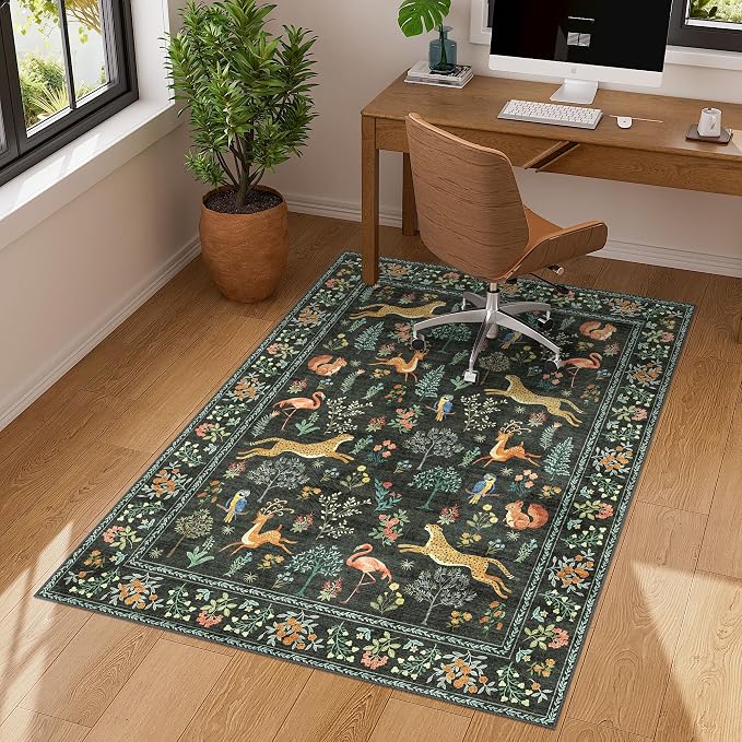 DUKINO 3x4 Washable Entryway Rug, Vintage Animal Ultra Soft Kitchen Area Rug with Non Slip Backing, Low Pile & Stain Resistant Indoor Door Mat for Bathroom, Bedroom, Laundry Room, Office, Black
