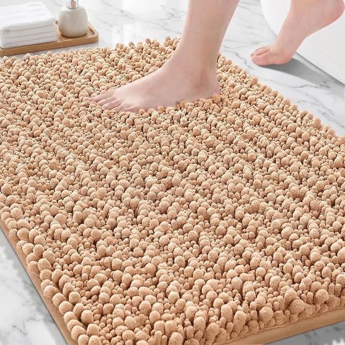 Bathroom Rugs Non Slip Washable, Extra Thick Soft Chenille Absorbent Bath Mat, High Density Barrier Non Slip Backing, Quick Dry Plush Shaggy Floor Carpet for Tub&Shower 24x17, Beige